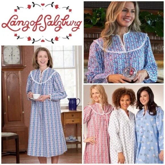 Lanz of Salzburg Sz S Nightgown Classic Blue Tyrolean Stripe Flannel NWOT - Picture 1 of 16